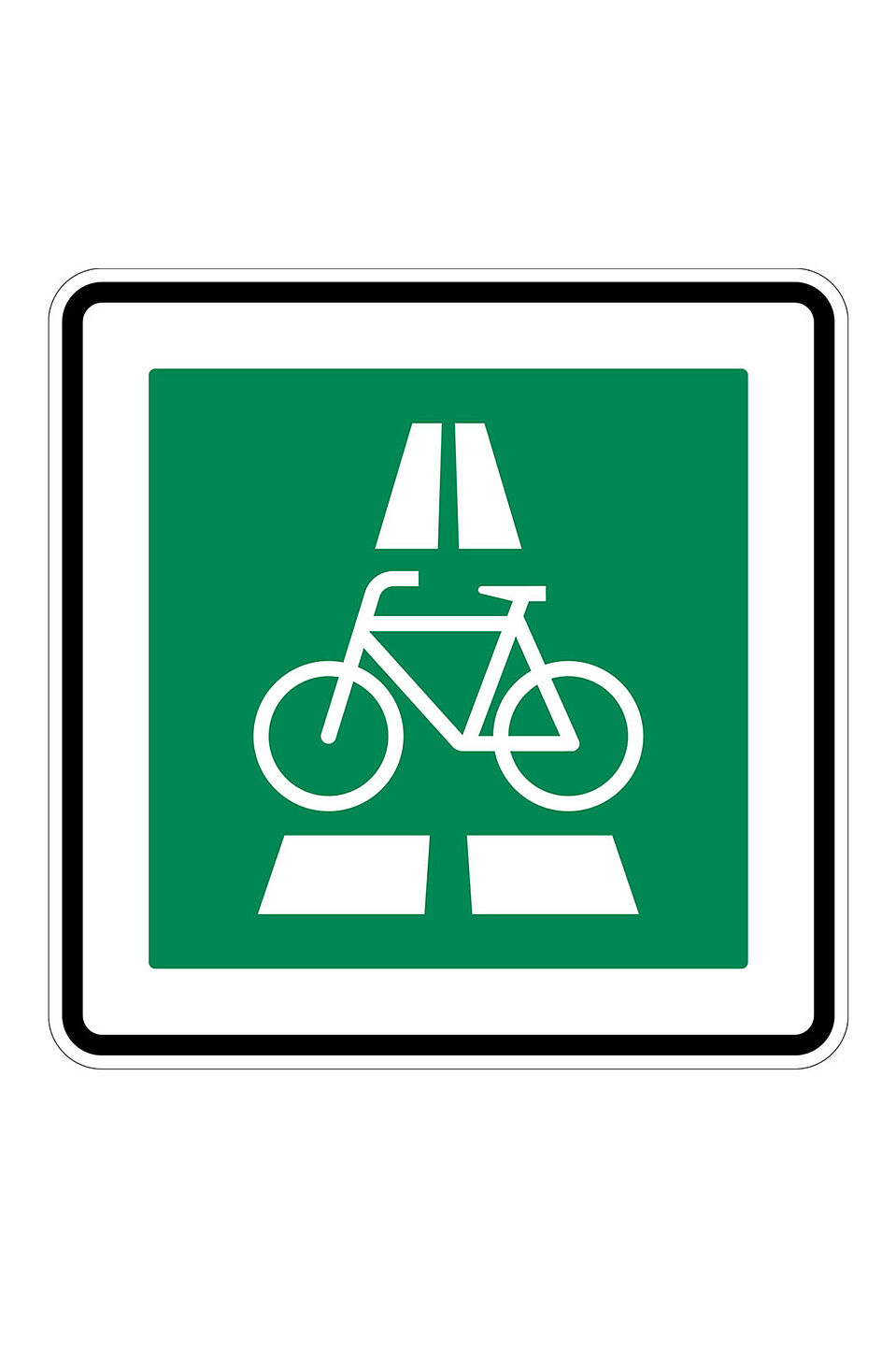 Verkehrszeichen Radschnellweg Quadratisches, grünes Verkehrsschild mit weißem Rand. In der Mitte ist ein weißes Fahrrad-Symbol abgebildet. Darüber und darunter deuten weiße Balken eine Fahrbahn an.